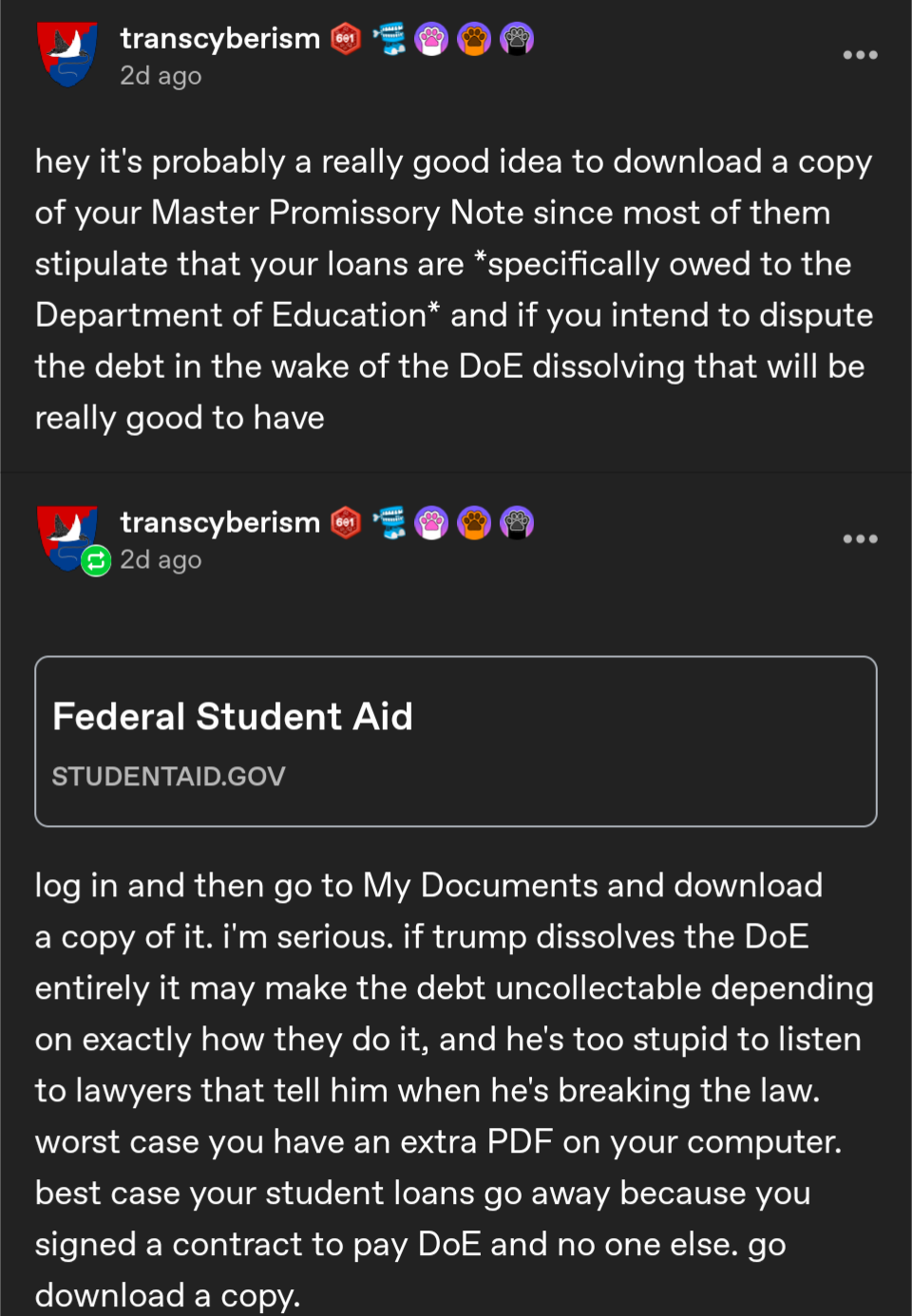 Screenshot encouraging people to download their master promissory note from the Department of Education website at studentaid.gov. It goes onto to assert that if the DOE does not exist, the debt may become uncollectible. Log into the website, go to my <br />documents, download a copy