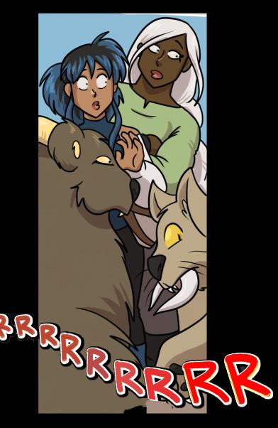 Four characters from SIDE QUESTED, two human and two chimera, stare off-panel as an ominous "rrrrrrrr" sound grows in intensity