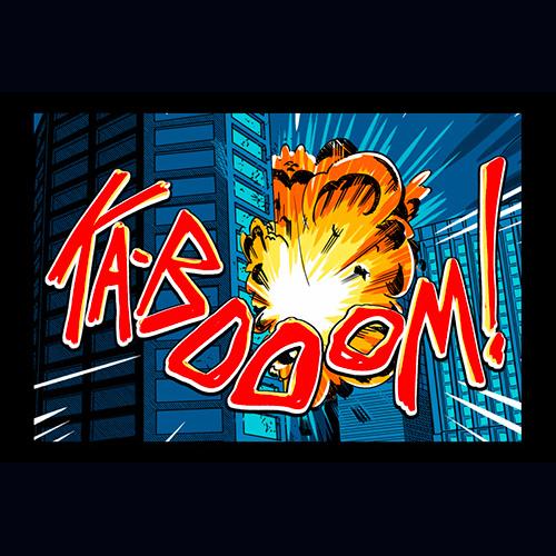 an earth-shattering comic KA-BOOM! which takes out a large chunk of a modern skyscraper building.