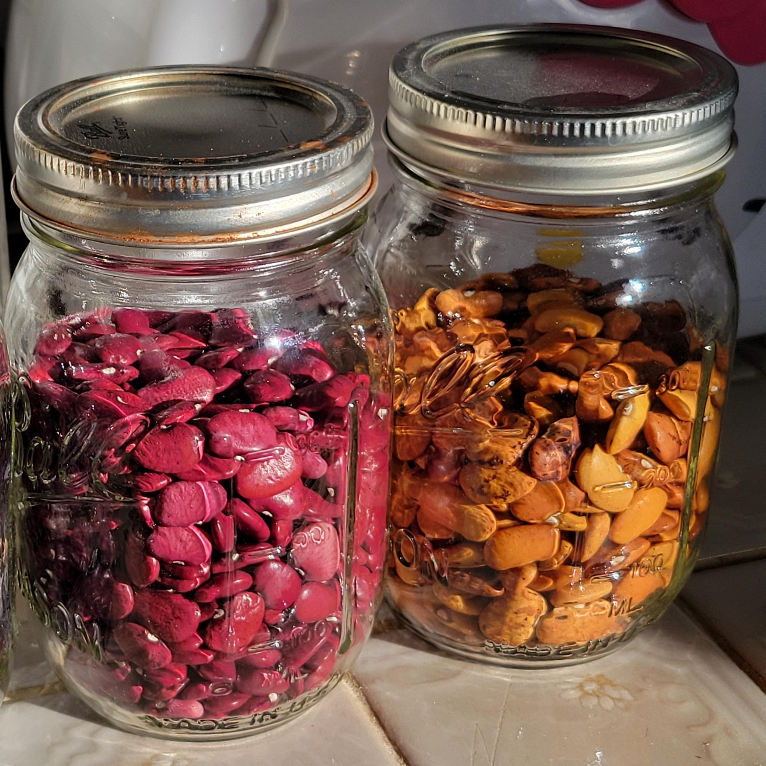 Two pint jars filled with bright pink/magenta and yellow lima beans.